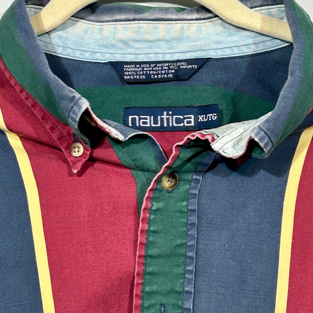 Nautica Button Down Shirt XL Multicolor Vertical Stripe Vintage 90s Long Sleeve